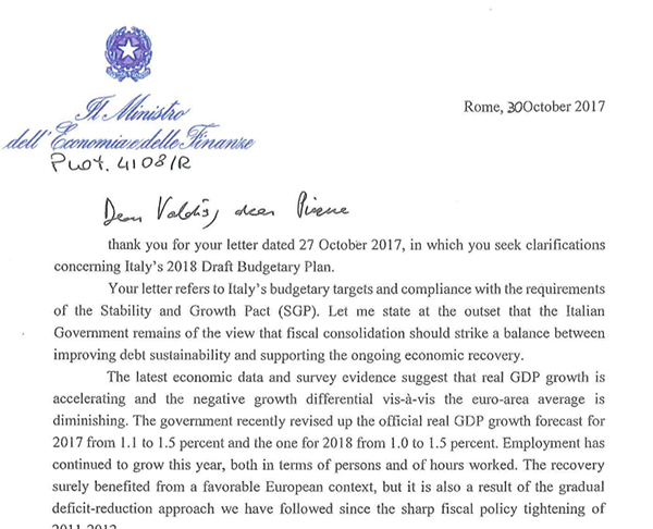 Lettera del ministro Padoan a Dombrovskis e Moscovici