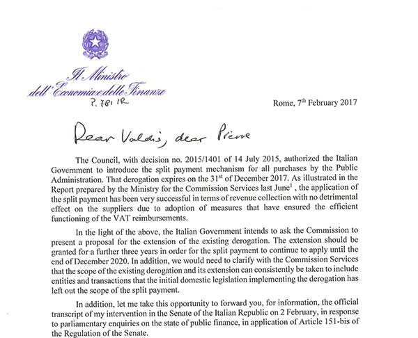 Lettera di richiesta di split payment alla Commissione europea del ministro Padoan