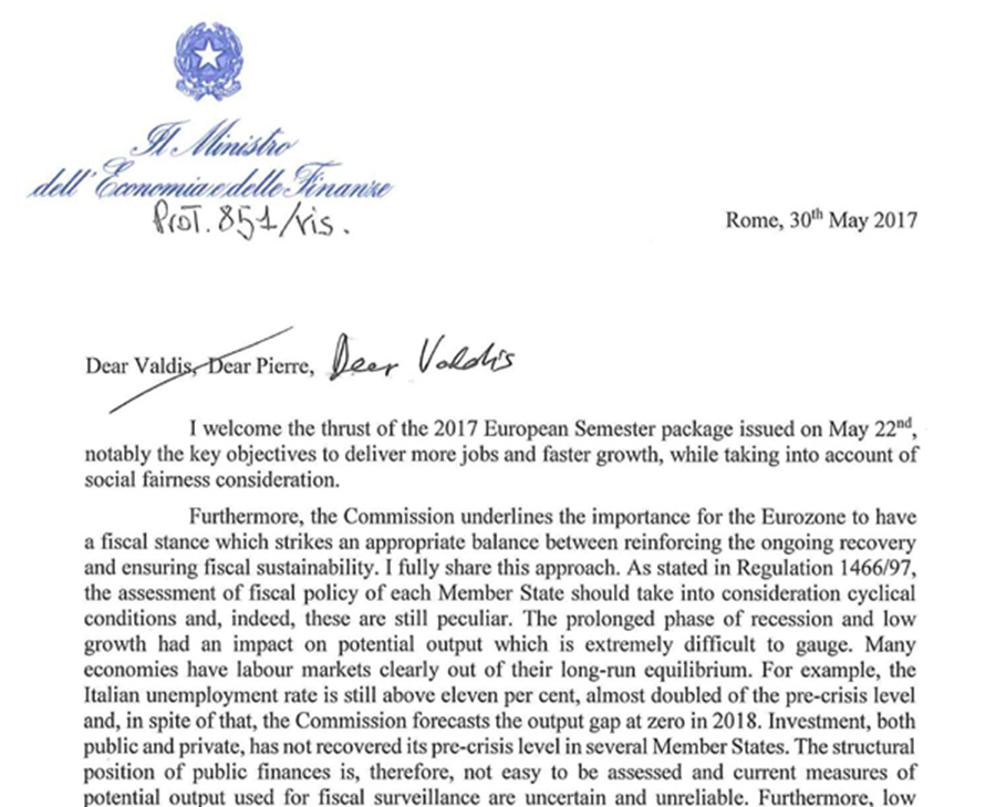 Lettera del ministro Padoan alla Commissione europea